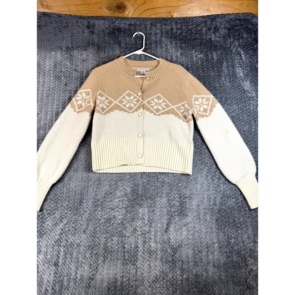 Cupcakes & Cashmere Cropped Cardigan Sweater Womens S Beige Fair Isle Ribbed Hem
